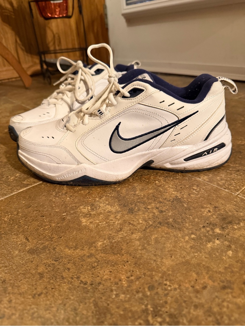Nike Air Monarch IV Men’s White and Navy Athletic Training Shoes